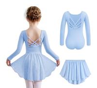 Arshiner Vestidos de Ballet Niñas Ropa de Ballet de Manga Larga Vestidos de Baile de Algodón Traje de Ballet Monocolor Leotardo de Ballet Infantil con Falda de Tul Azul 5-6 Años