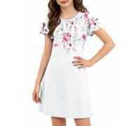 Arshiner Vestidos de Verano para niña, Plisados, Mangas onduladas, Estampados, Elegantes, para Fiestas, Informales, de Manga Corta, Corte A, Blancos, para niñas de Las Flores, Talla 120, 6-7 años