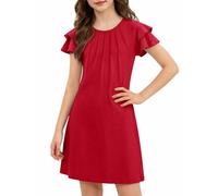 Arshiner Vestidos de Verano para niña, Plisados, Mangas onduladas, Vestido Festivo, Vestido de Camiseta para niña, Manga Corta, Cuello Redondo, Corte A, Vestidos Infantiles, Rojo, Talla 120, 6-7 años