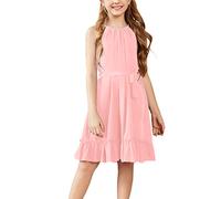 Arshiner Vestidos Niña Rosa Sin Mangas Vestido Verano Dobladillo Volantes Infantil A-Line Vestidos Niños Grace Fiesta Moda Vestido Festivo con Cinturón 11-12 Años