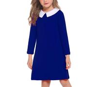 Arshiner Vestidos Niñas Manga Larga Vestido Infantil Cuello Peter Pan Vestido Festivo Vestido Infantil de Una Línea Vestido de Algodón Vestidos Informales Azul 11-12 Años