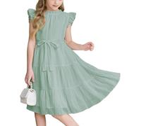 Arshiner Vestidos para Niña Verano Mangas Volantes Vestido Gasa Cuello Volante Vestido niños un Solo Color Fiesta Elegante Línea A Vestidos Festivo con Cinturón 5-13 Años