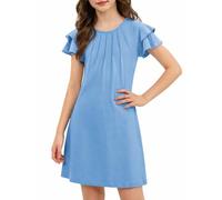 Arshiner Vestidos para niñas, con Mangas onduladas y Plisadas, Informales, de Princesa, de Verano, de Manga Corta, Cuello Redondo, Corte A, Elegantes, para niñas de 6 a 7 años. Azul (120)
