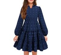 Arshiner Vestidos para Niñas Vestido de Fiesta de Manga Larga Vestido de Gasa Sólido con Volantes para Niños Vestido de Fiesta de Una Línea Vestido Skater Azul Marino 9-10 Años