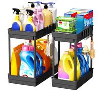 ARSTPEOE 2 Paquete Organizador Bajo Fregadero - 2 Niveles Estante con 8 Ganchos, Productos Limpieza Estantería Almacenaje, Estanteria cocina, Negro