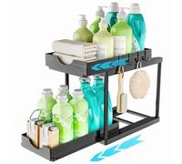 ARSTPEOE Organizador Bajo Fregadero - 2 Niveles Estante con 4 Ganchos, Productos Limpieza Estantería Almacenaje, Estanteria cocina, Negro, 1 Paquete