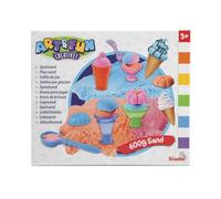 Simba Art and Fun - Juego de arena para helado, 3 x 200 g de arena, plataforma, 4 vasos, 1 molde, 1 cuchara, 1 cuchara, 1 cuchara, 1 x cuchara, rodillo y cuchillo, a partir de 3 años
