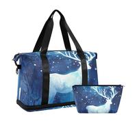 Art Blue Painting - Bolsa de transporte grande con diseño de ciervo, alce y luna, con bolsillo húmedo y correa ajustable, bolsa de viaje para gimnasio, entrenamiento, multifuncional, para hombres y