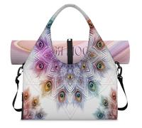 Art - Bolsa de lona deportiva con diseño de mandala de plumas de pavo real con compartimento para zapatos, bolsa de fin de semana, bolsa de equipaje para gimnasio, yoga, viajes, color, L, Bolsa de