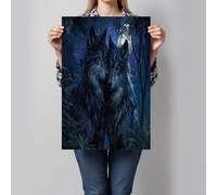 Art Cuadros Estilo de arte fantástico en lienzo Azul oscuro,70 x 100 cm, Lobos bajo la luz de la luna, impresiones artísticas sobre lienzo, para salón, dormitorio, decoración de pared, sin marco