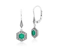 Art Déco Estilo Hexágono Calcedonia Y Marcasita Gota Pendientes En Plata de Ley