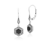 Art Déco Estilo Hexágono Ónice Y Marcasita Gota Pendientes En Plata de Ley