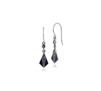Art Déco Estilo Marcasita Y Esmalte Azul Abanico Gota Pendientes En Plata de Ley