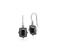 Art Déco Estilo Octágono Negro Spinel Y Marcasita Pendientes Plata de Ley 925