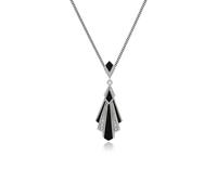 Art Déco Estilo Ónice Negro Y Marcasita Abanico Colgante Collar En Plata de Ley