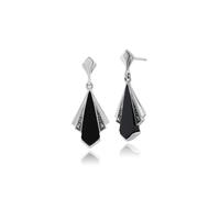 Art Déco Estilo Ónice Negro Y Marcasita Abanico Pendientes En 925 Plata de Ley