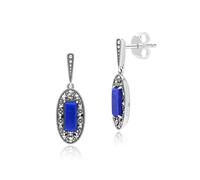 Art Déco Estilo Ovalado Lapis Lazuli Y Marcasita Gota Pendientes En Plata de Ley