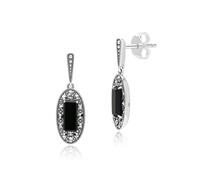 Art Déco Estilo Ovalado Ónice Y Marcasita Gota Pendientes En Plata de Ley
