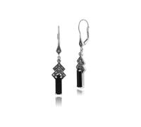 Art Déco Estilo Rectángulo Ónice Negro Y Marcasita Pendientes Plata de Ley 925