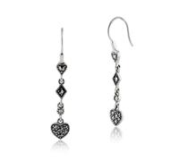 Art Déco Estilo Redondo Marcasita Pavé Set Corazón Pendientes Plata de Ley 925