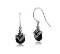 Art Déco Estilo Redondo Ónice Negro Y Marcasita Pendientes En 925 Plata de Ley