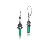 Art Déco Estilo Verde Calcedonia Y Marcasita Gota Pendientes En Plata de Ley