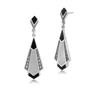 Art Déco Onix, Nácar y Marcasita Gota Pendientes En 925 Plata de Ley