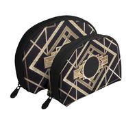 Art Deco Vintage Era El Gran Gatsby Oro Negro Patrón, Bolsa de Maquillaje de Concha, Monedero pequeño para Mujer, Bolsa de artículos de tocador, Bolsa de cosméticos, 2 Piezas