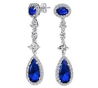Art Deco Vintage Style Boda Zafiro Azul Real Simulado AAA Cúbico Zirconia Halo Largo Solitario Pera Lágrima CZ Declaración Colgar Pendientes Araña Para Mujeres Desfile Fiesta Nupcial Plata Plateado