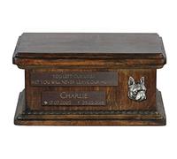 Art-Dog Urna Conmemorativa Baja Personalizada - Retrato de Bronce Fundido en Frío Hecho a Mano sobre Base de Abedul - Recipiente de Larga Duración - 8,3x11,4x4,3" - Terrier de Boston