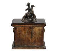 Art-Dog Urna Conmemorativa con Estatua de Perro Sentado Personalizada - Bronce Fundido en frío Hecha a Mano sobre Base de Abedul - 29x21x38cm - látigos
