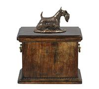 Art-Dog Urna Conmemorativa con Estatua de Perro Sentado Personalizada - Bronce Fundido en frío Hecha a Mano sobre Base de Abedul - 29x21x38cm - Terrier escocés