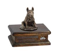 Art-Dog Urna Conmemorativa Personalizada con Estatua de Perro Sentado - Bronce Fundido en frío Hecho a Mano sobre Base de Abedul - 8,3x11,4x8,7-5l - Bull Terrier IX