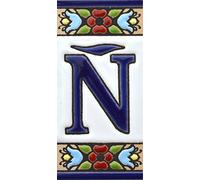 ART ESCUDELLERS Numeros y Letras en azulejo Ceramica policromada, Pintados a Mano técnica Cuerda Seca. Nombres y direcciones. Diseño Flores Mini 7,3 cm x 3,5 cm. (Letra Ñ)