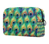 Art Green - Neceser de maquillaje con diseño de plumas de pavo real para mujer, bolsa organizadora de maquillaje grande con cremallera, multicolor, 18.5x7.5x13cm/7.3x3x5.1in, Neceser