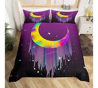 Art Moon Galaxy Bedding Set Twin Starry Stars Purple Universe Space Duvet Cover with 1 Pillow Sham Comforter Cover for Kids Boys, Rainbow Tassel Stripe Boho Quilt Cover Set Decorative 2 Pcs
