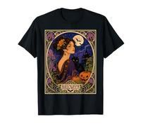 Art Nouveau Halloween Mujer Gato Negro Luna Camiseta
