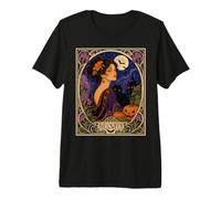 Art Nouveau Halloween Mujer Gato Negro Luna Camiseta Premium