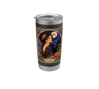 Art Nouveau Halloween Mujer Gato Negro Luna Vaso térmico de acero inoxidable de doble pared