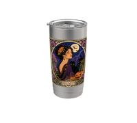 Art Nouveau Halloween Mujer Gato Negro Luna Vaso térmico de acero inoxidable de doble pared
