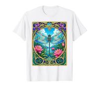 Art Nouveau Libélula Lotus Estanque Naturaleza Camiseta gráfica económica, Hombre, Blanco, L