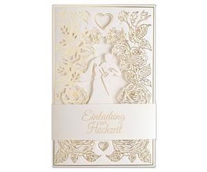 art nuvo 20 invitaciones de boda de 130 x 205 mm, con inserciones y sobres imprimibles para boda, corte láser, acabado con lámina dorada. Patrón prensado con inscripciones grabadas ZAP_DE_09