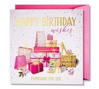 Art Nuvo Tarjeta de cumpleaños para mujer - Feliz tarjeta de cumpleaños con sobre lleno de brillo y luz brillante que se refleja en el número brillante y las impresiones coloridas