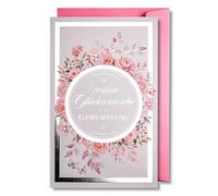 art nuvo Tarjeta de cumpleaños para mujer: una tarjeta de cumpleaños floral con un sobre rosa lleno de luz brillante que se refleja en estampados coloridos.