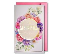 art nuvo Tarjeta de cumpleaños para mujer: una tarjeta de cumpleaños floral con un sobre rosa lleno de luz brillante que se refleja en estampados coloridos.