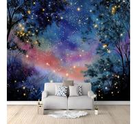 Art Papel Tapiz Fotográfico Acuarela Fantasía Árboles Estrellas Papel Pintado 350 x 256 cm, Art Mural De Pared Papel Pintado Azul Oscuro Mural para Sala Estar Dormitorio Infantil Decoración