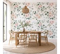 Art Papel Tapiz Fotográfico Acuarela Flores Rosas Hojas De Eucalipto Papel Pintado 450 x 315cm, Art Mural Rosa Verde Salvia Mural para Sala Estar Dormitorio Cocina Infantil Decoración