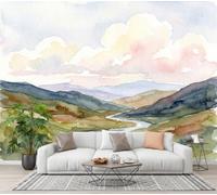 Art Papel Tapiz Fotográfico Acuarela Paisaje Montañas Ríos Papel Pintado 350 x 256cm, Art Mural Verde Azul De Judía Mural para Sala Estar Dormitorio Cocina Infantil Decoración