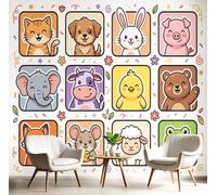 Art Papel Tapiz Fotográfico Animales Cuadrícula Fondo Dibujos Animados Borde Papel Pintado 200 x 140cm, Art Mural Marrón Amarillo Verde Mural para Sala Estar Dormitorio Infantil Decoración