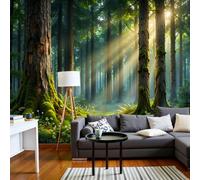 Art Papel Tapiz Fotográfico Árbol Gigante Antiguo Haces De Luz En El Bosque Papel Pintado 350 x 256cm, Art Mural Verde Oscuro Oro Cálido Mural para Sala Estar Dormitorio Cocina Infantil Decoración